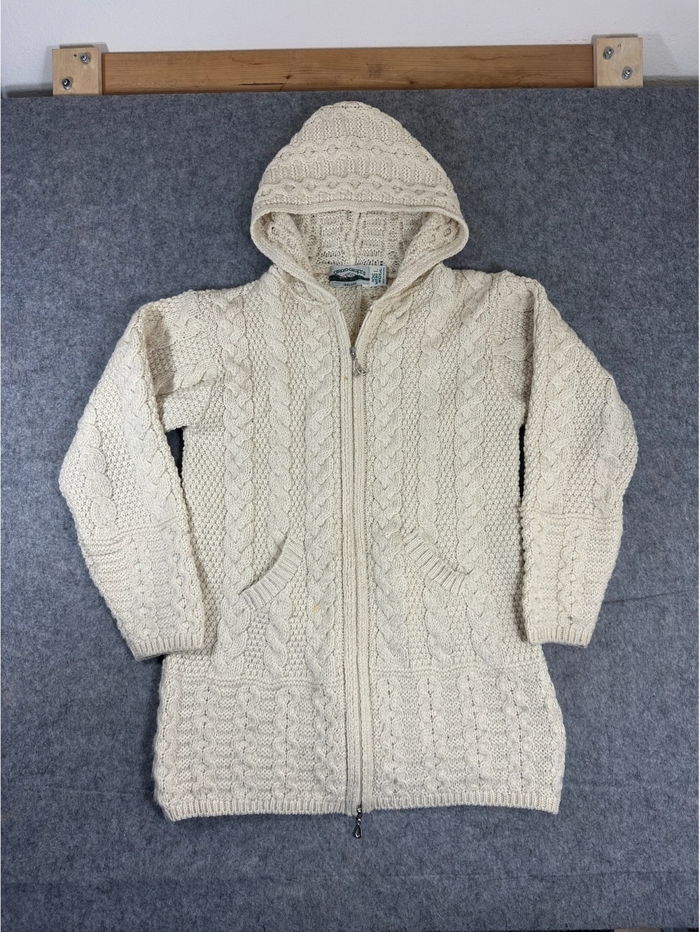 Aran Crafts Women's Sz L Cream Hooded Cardigan 100% Merino Wool Ireland